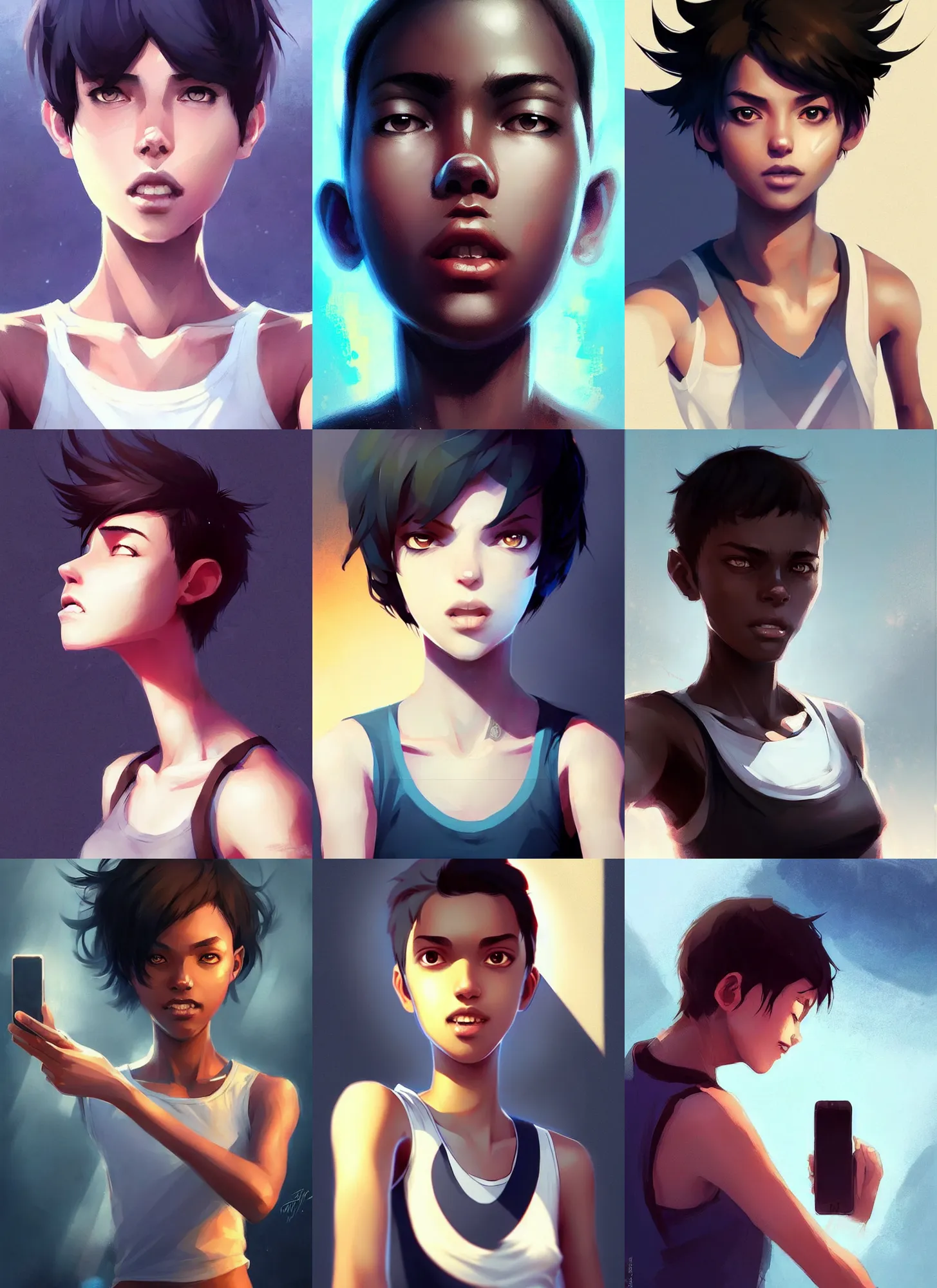 Prompt: attractive girl tomboy, short hair, two hands selfie, dark skin, slim, white tank top, perfect face, symmetric eyes, digital art by jordan grimmer and greg rutkowski, pixiv, instagram