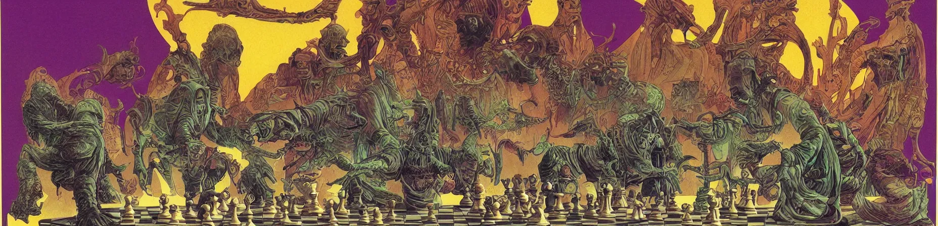 Image similar to chess set, taro deck card king and psychedelic grainshading print by moebius, richard corben, wayne barlowe, cyberpunk comic cover art, galactic dark colors