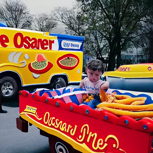 Prompt: the Oscar Meyer Weinermobile crashing into a fruit stand, photo, f1.7 35mm prime, award winning