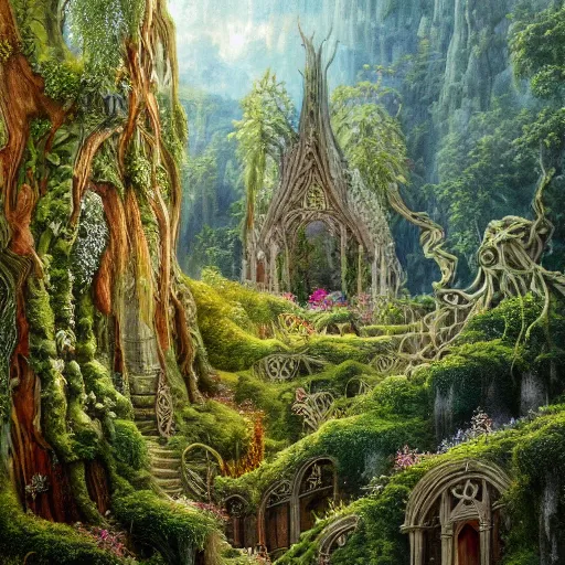Prompt: a beautiful and highly detailed oil painting of an elven temple in the mountains, beautiful vine covered trees, lush plant growth, tall grass, flowers, intricate details, epic scale, insanely complex, rivendell, 8 k, sharp focus, hyper realism, fantasy landscape, psychedelic, by caspar friedrich and brian froud,