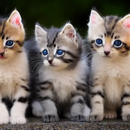 Prompt: a photograph a group of kittens staring at the camera