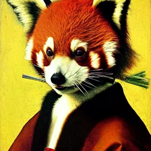 Image similar to a red panda with a pearl earring by johannes vermeer