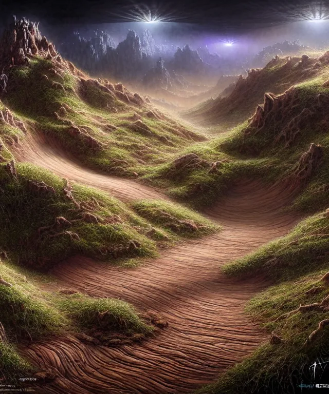 Image similar to hyperrealistic mixed media painting of a dirt trail across a fantasy landscape, stunning 3d render inspired art by P. Craig Russell and Barry Windsor-Smith + dim volumetric lighting, dizzy, full body, 8k octane beautifully detailed render, post-processing, extremely hyperdetailed, intricate, epic composition, grim yet sparkling atmosphere, cinematic lighting + masterpiece, trending on artstation, very very detailed, masterpiece, stunning