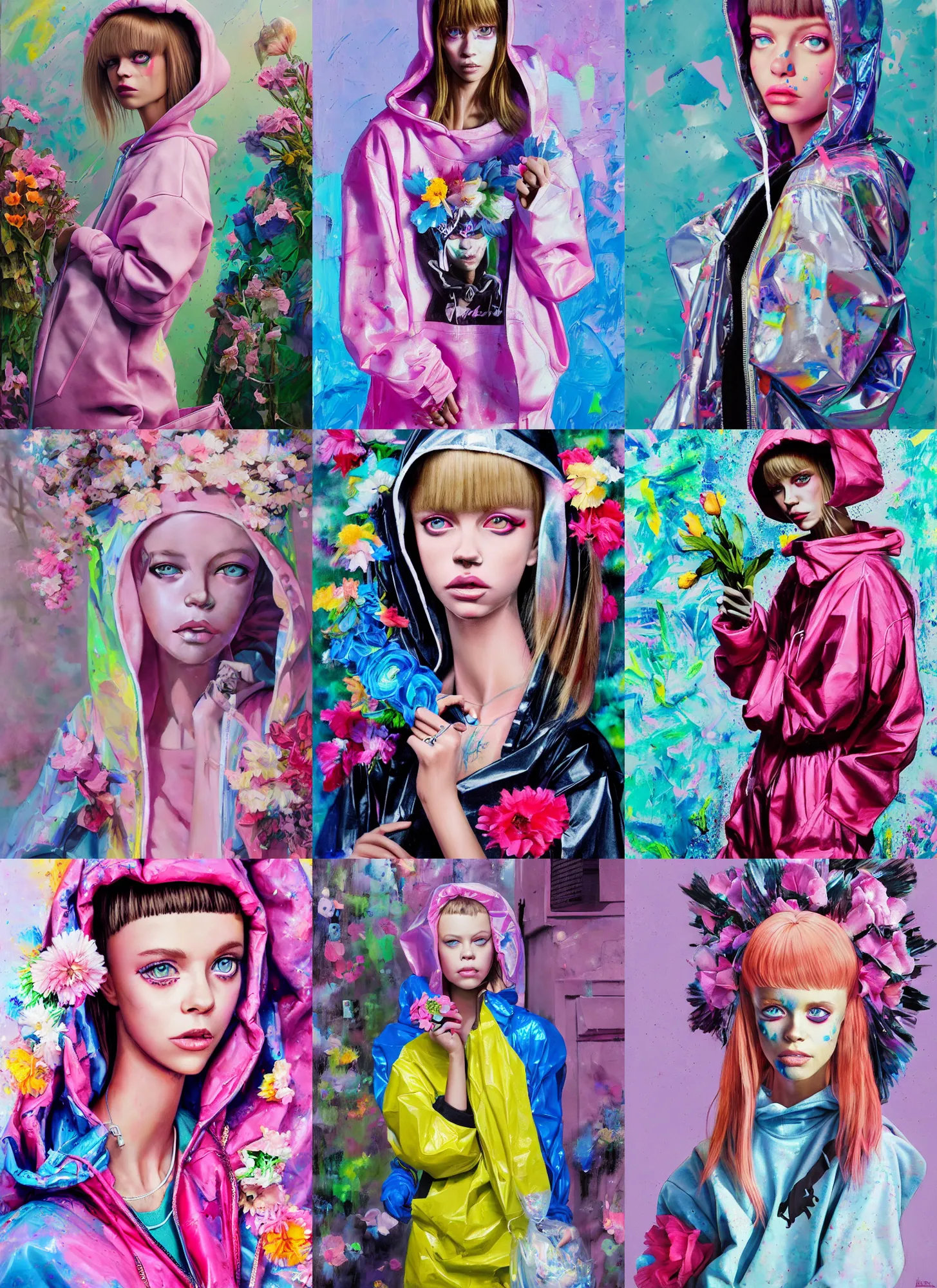 Prompt: still from music video of barbie palvin from die antwoord standing in a township street, wearing a trashbag hoodie garbage bag and flowers, street fashion, full figure portrait painting by martine johanna, ilya kuvshinov, rossdraws, pastel color palette, shiny plastic, detailed impasto brushwork, impressionistic