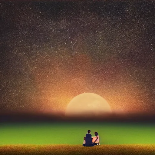 Prompt: a couple in love, sitting under a tree staring at each other, compassion, hyper realistic, romantic, moon in sky, stars shining, realistic, cinematic, 3d effect