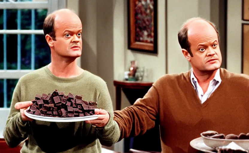 Image similar to the episode of frasier where everyone gets covered in chocolate