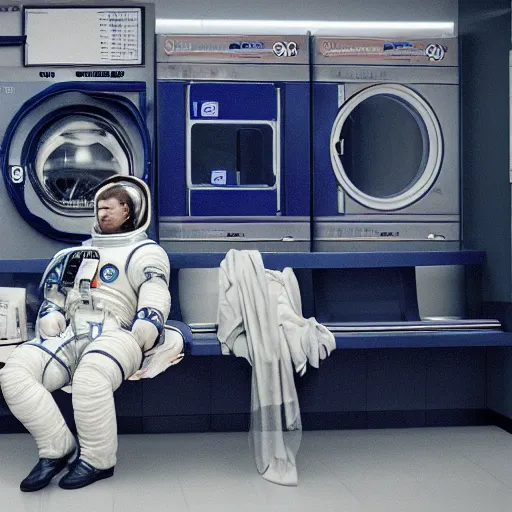 Image similar to a beautiful photo of an astronaut waiting in a laundromat, soft light, morning light, photorealistic, realistic, octane, 8k, cinematic shot