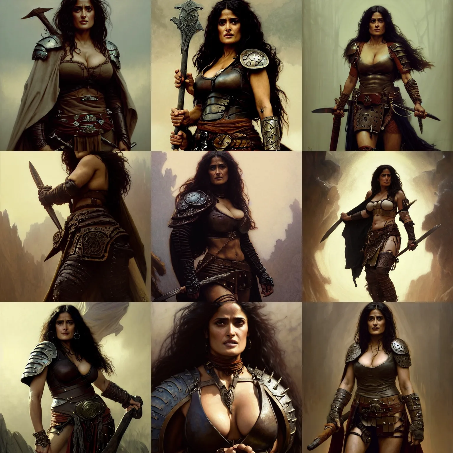 Prompt: portrait of Salma Hayek as a surly and determined female barbarian clothed in leather armor and a cloak, neutral expression, by Greg Rutkowski and John Collier and Krenz Cushart and Artem Demura and Alphonse Mucha and Albert Aublet, as seen on ArtStation, 4k, dungeons and dragons, very aesthetic, very detailed, intricate, unreal, fantasy, dramatic, painterly, artstation, sharp focus, smooth