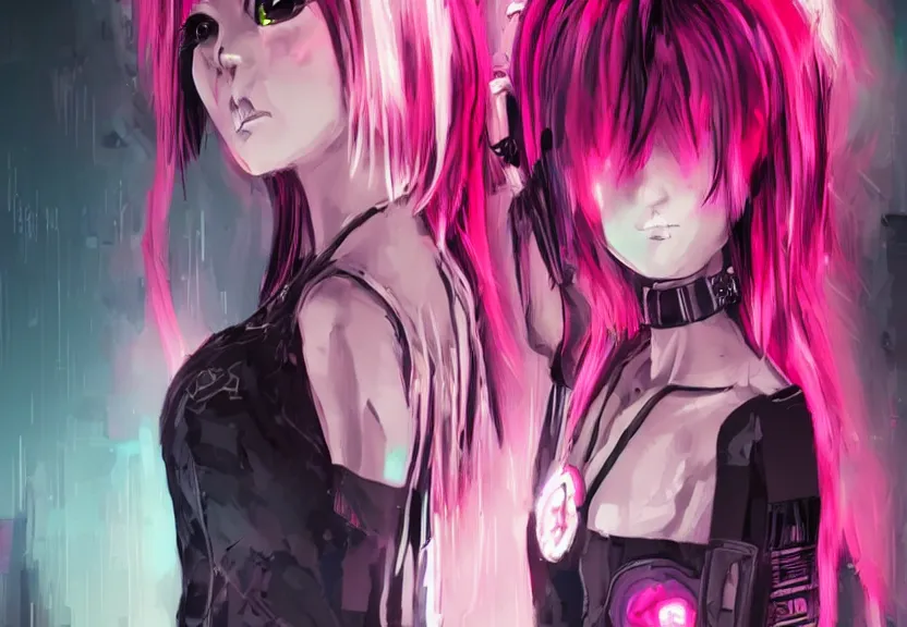 Prompt: little android girl with eccentric pink haircut wearing black feather dress, cyberpunk, anime style artwork, dark, neon, anatomically perfect