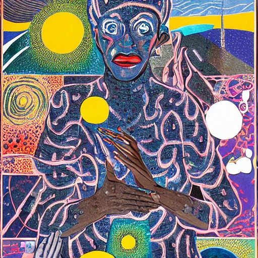 Prompt: A collage. A rip in spacetime. Did this device in her hand open a portal to another dimension or reality?! cosmic horror by Faith Ringgold, by Alexander Milne Calder vivid