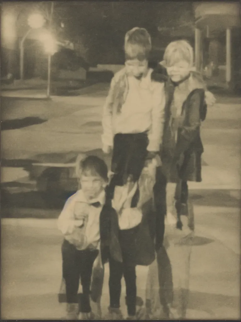 Image similar to two kids posing for a picture at night, small town, town square, dimly lit, faded polaroid