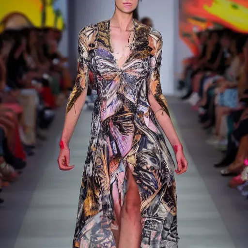 Prompt: A fashion model in dress with a print of a female body, in year 3000, catwalk, highly detailed