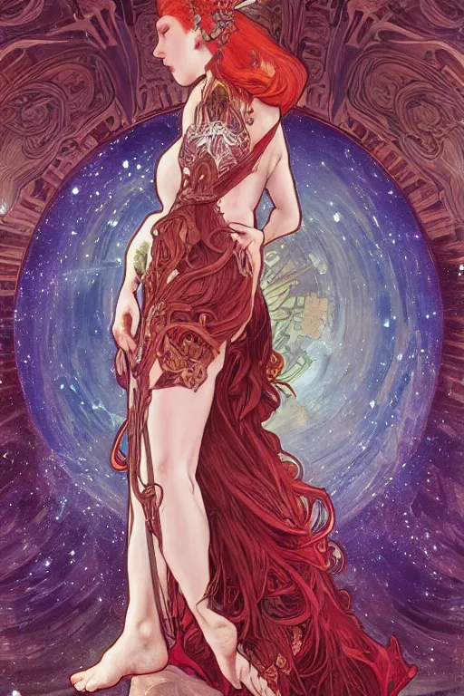 Prompt: a full body tarot card of the red haired tjocc empress of eternity, space, universe, portrait, highly detailed, deep focus, elegant, digital painting, smooth, sharp focus, illustration, ultra realistic, 8 k, art by artgerm and alphonse mucha