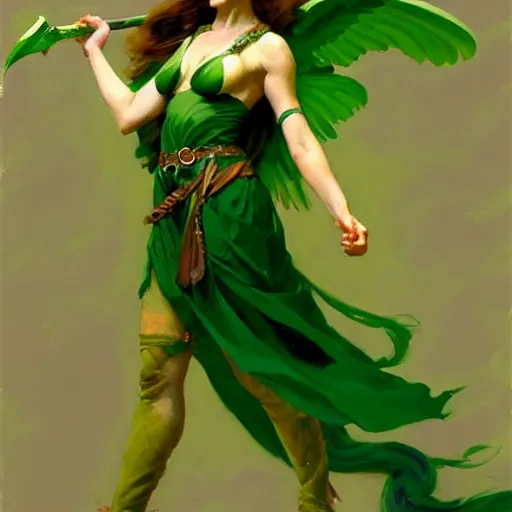 Image similar to greg manchess painting of goddess of hunt wearing green clothes, green and white long hair, long green wings, large green sword, trending on artstation, by huang guangjian and gil elvgren and sachin teng