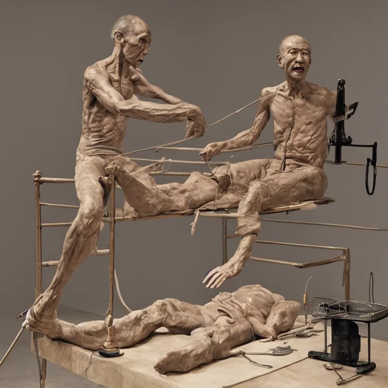 Prompt: hyperrealistic sculpture of a fossilized bronze chinese prisoner on an operating table in a cage on a pedestal, surrounded by surgeons, by ron mueck and duane hanson and lee bontecou and giacometti, hyperrealistic dramatic colored lighting trending on artstation 8 k