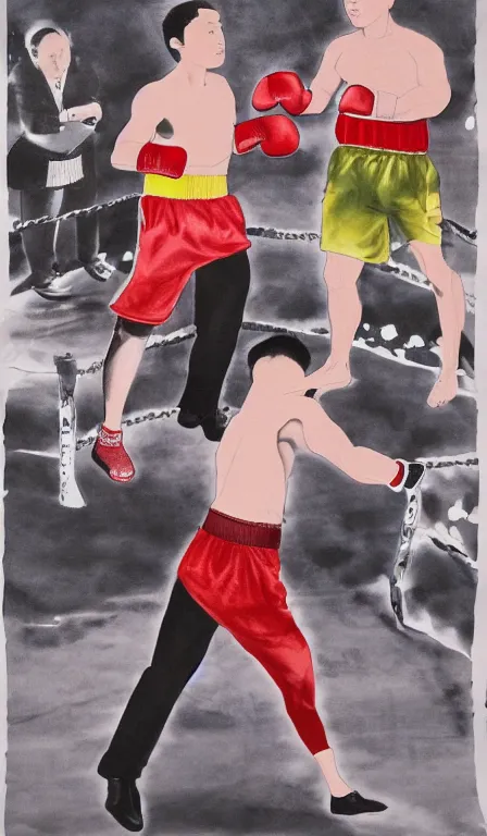 Image similar to Shen Quan's 'zuckerberg in a boxing match', hanging scroll, ink and colours on silk