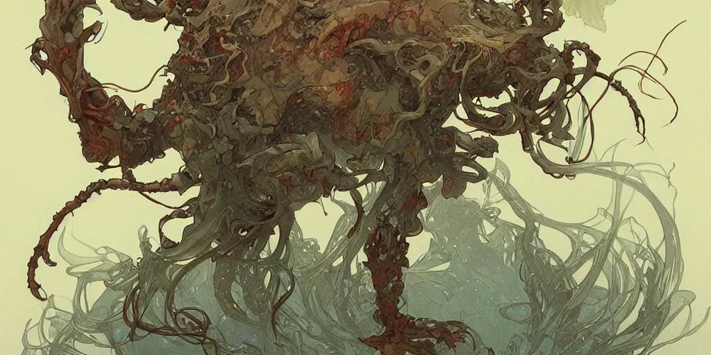 Prompt: epic concept illustration of a fungus demon, by james jean, by artgerm and greg rutkowski and alphonse mucha. uhd, amazing depth, cinematic lighting, glossy wet levitating floating fungus god with arms outstretched.