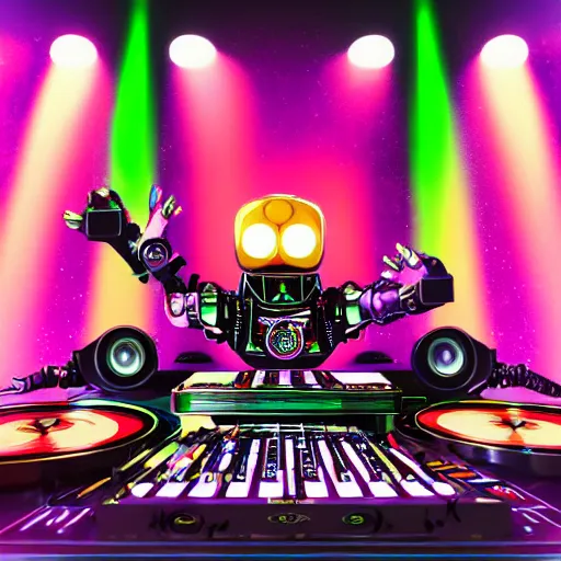 Prompt: album art for a trance dj, the album is called dj roborock, 3 steampunk robot heads with robot arms on a dj desk with a cd mixer, 8 k, fluorescent colors, halluzinogenic, multicolored, exaggerated detailed, front shot, 3 d render, octane