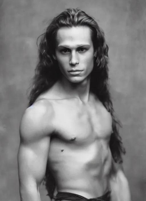 Image similar to a very skinny young Tarzan close-up portrait of young white male, with long dark brown slicked back hair shoulder length