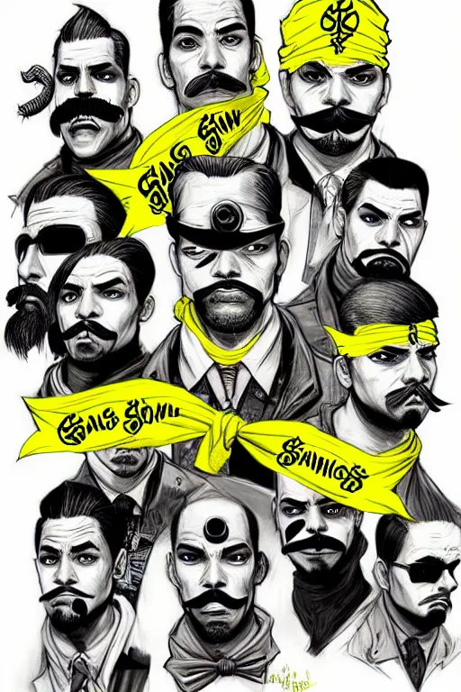 Image similar to gang saints wear yellow bandanas, and some of them have thick mustaches, concept art, pop art style, dynamic comparison, proportional, bioshock art style, gta chinatowon art style, hyper realistic, face and body features, without duplication noise, complicated, sharp focus, intricate, concept art, art by argerm dan richard hamilton