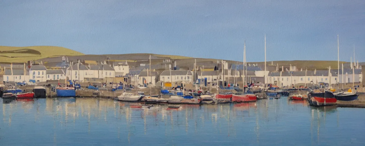 Prompt: a painting of the harbour at Stromness orkney, tranquil, relaxed, quiet, ethereal