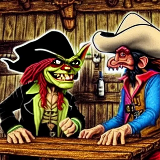 Prompt: a goblin with a large nose and a pirate with a bandana negotiating a contract with Jared Leto in a Western saloon. Pastel