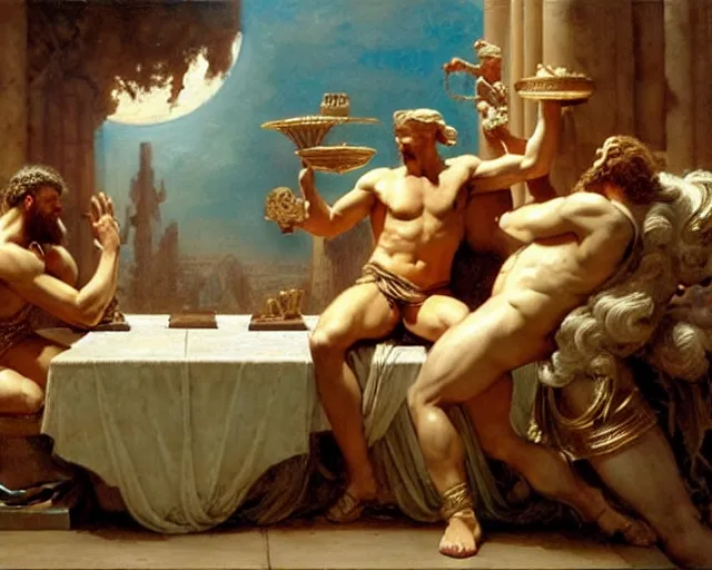 Prompt: zeus and the god jupiter argue over the fate of mankind, marble table with scrolls and papers between them, the other gods watch in horror, painting by gaston bussiere, craig mullins, j. c. leyendecker