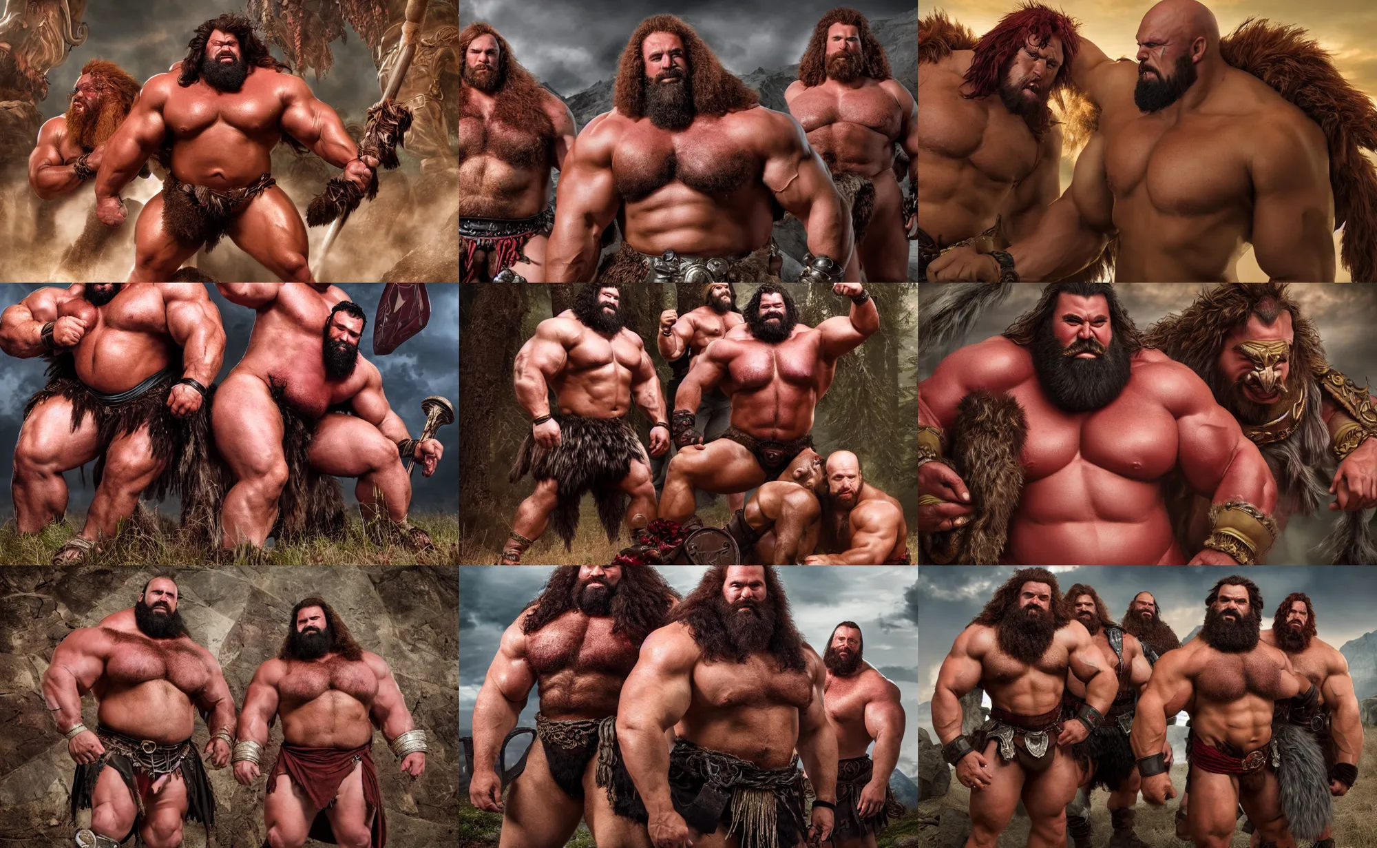 Prompt: gay brotherhood of big hairy thick masculine barbarian strongman kings with massive muscle and dark red hair in metal loincloths, photography, highly detailed, epic, high definition, 4 k, 8 k, dad energy