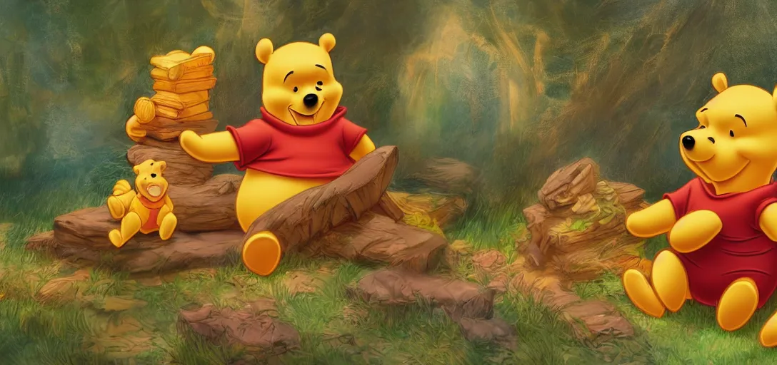 Prompt: winnie the pooh sitting on a giant pile of treasure, 4k, award-winning art, digital art, matte painting, trending on artstation, 4k