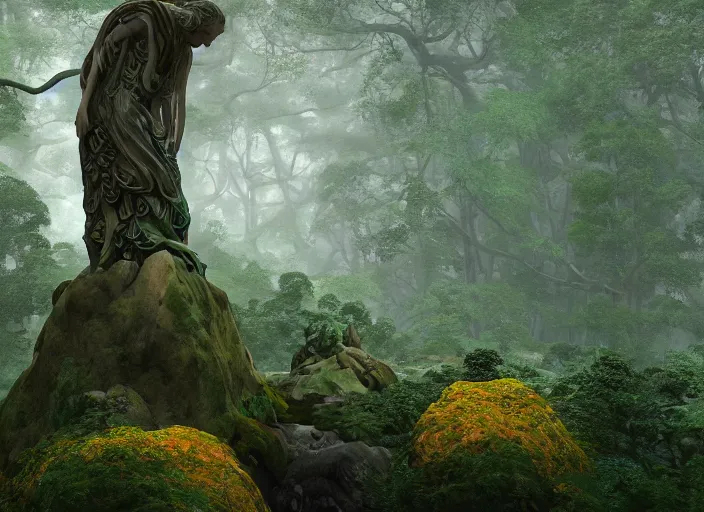 Image similar to a portrait of idealistic marble statue with fractal flowery hair and fair porcelain face and green eyes, in a magical forest, painted by, mc escher, gordon onslow ford, georgia o'keeffe and ivan aivazovsky, cinematic light, god rays, colourful, unreal engine, zbrush central,