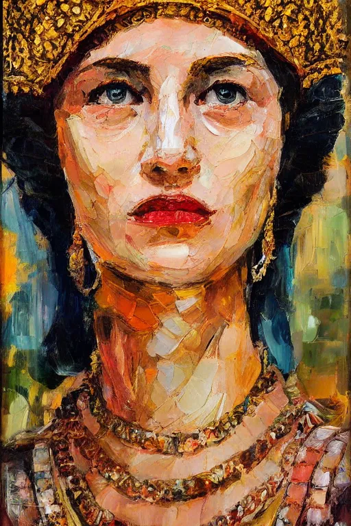 Image similar to highly detailed palette knife oil painting of a historically accurate depiction of the ancient biblical israeli queen Esther, thoughtful, by Peter Lindbergh, impressionistic brush strokes, painterly brushwork