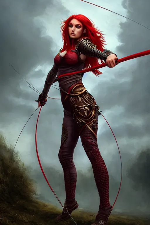 Prompt: Female archer, dnd, d&d, leggins, red skintight leather armor, red hair, Low-Angle, visible face!, beautiful face!, alluring, toned derriere, high fantasy, realistic!, extremely detailed, matte painting, by wlop and tomasz alen kopera, octane