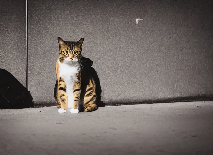 Image similar to photography of a Cat sitting on a box. in a cyberpunk street, award winning photo, 100mm, sharp, high res