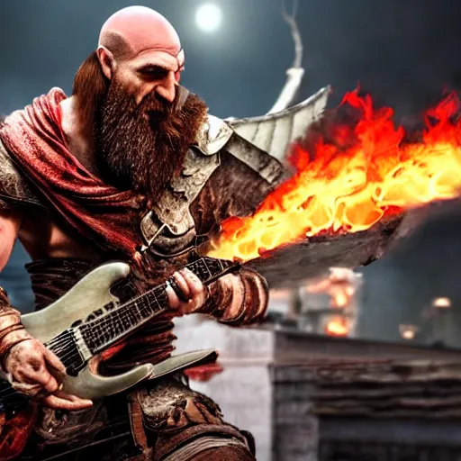 Image similar to kratos shredding on a flaming stratocaster guitar, cinematic render, god of war 2 0 1 8, santa monica studio official media, lightning, spartan rage, head turned