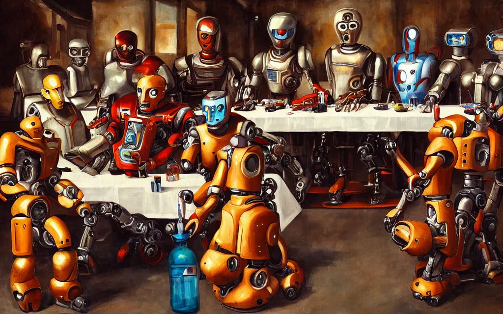 Image similar to last supper painting of various robots, cyborgs and androids