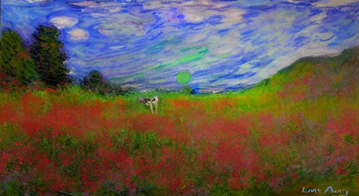 Prompt: lone wolf in the scottish highlands dreamy monet apocalyptic, acrylic painting