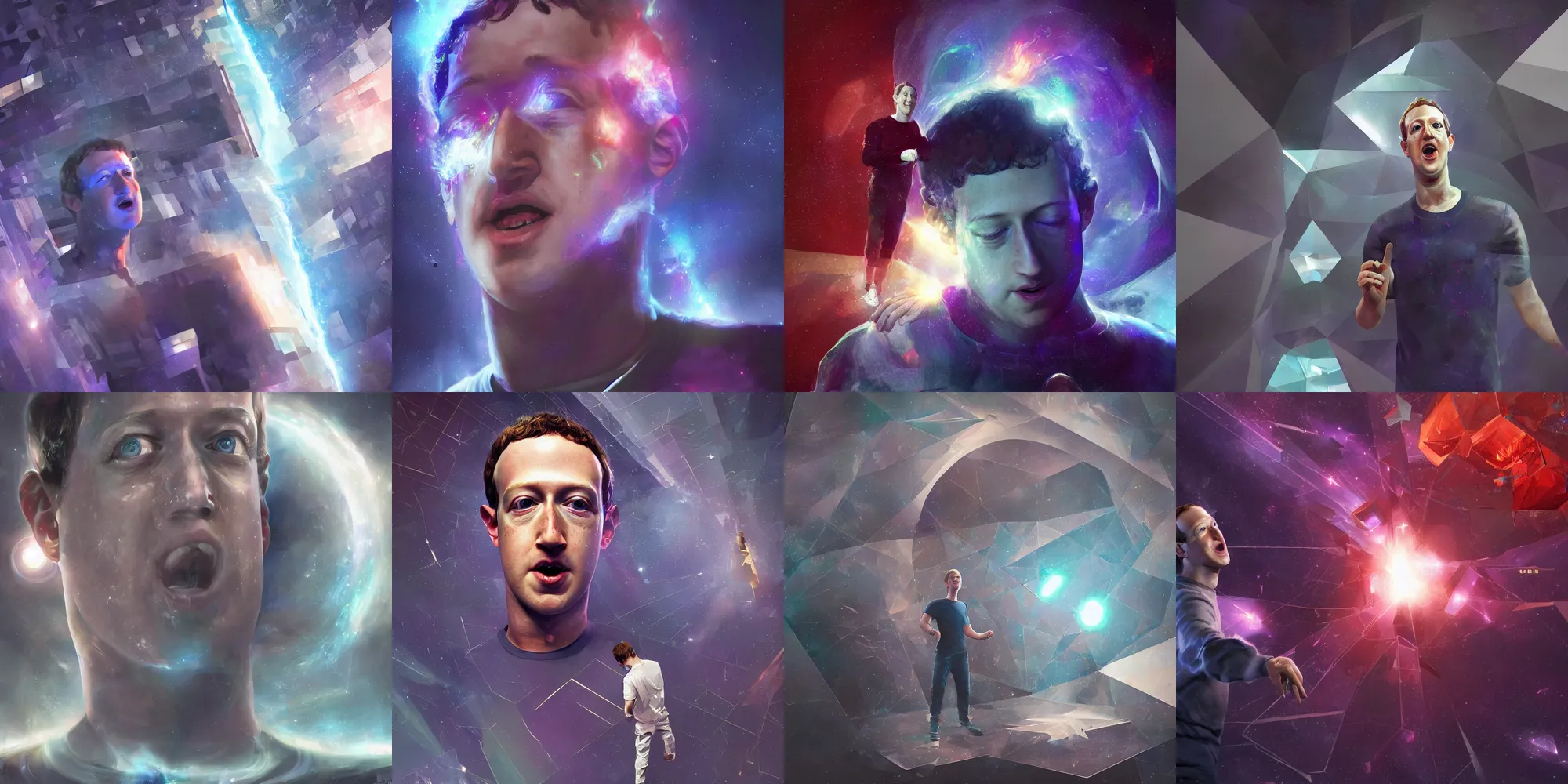 Prompt: mark zuckerberg trapped in a space prism, a prison of his own making, his soul is broken into fragments by the prism, he is screaming, hyperreal, artstation