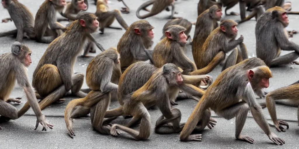 Prompt: a tight shot of a dozen monkeys attacking a street in Japan by Ashley Wood, rule of thirds