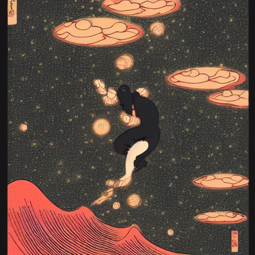 Prompt: a man falling into a black hole ukiyo - e, radiant light, detailed and intricate environment, 4 k, trending on art station, beautiful