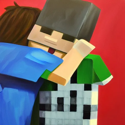 Image similar to a minecraft steve giving a hug to a minecraft creeper, oil on canvas