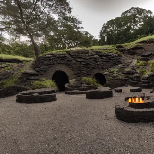 Prompt: wide shot of a cave, lit by tiki torches, an area stage in the middle, fit for gladiators, dark stone cobbles