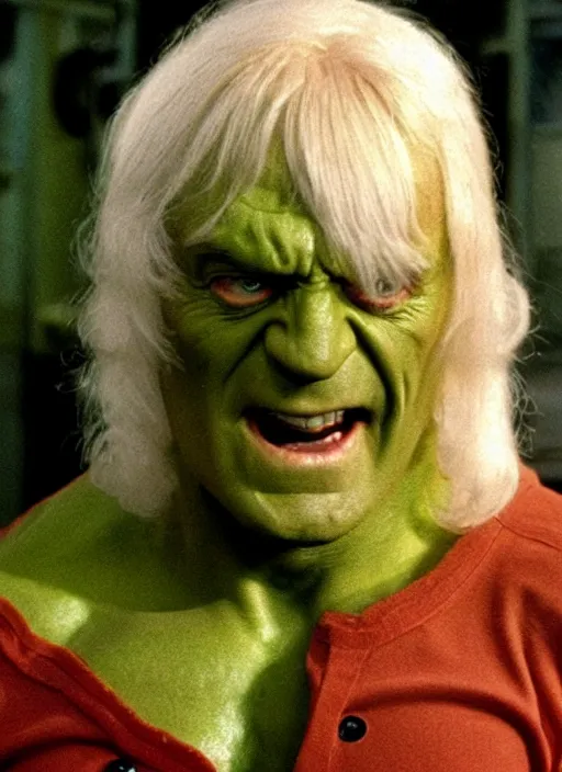 Prompt: film still of Jimmy Savile as Hulk in The Incredible Hulk, 4k