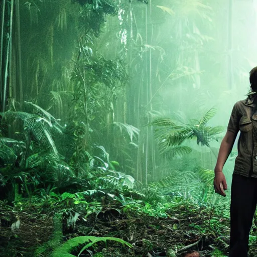 Prompt: a human Researcher standing in the rainforest, post-apocalypse, cinematic, photorealistic