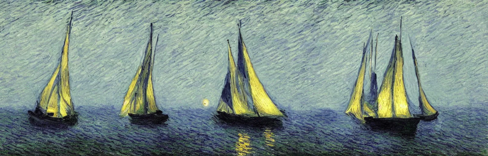 Prompt: An aesthetically pleasing, dynamic, energetic, lively, well-designed digital art of a sailboat on the ocean at night in a low mist, light and shadow, chiaroscuro, by Claude Monet and Vincent Van Gogh, superior quality, masterpiece, excellent use of negative space. 8K, superior detail.