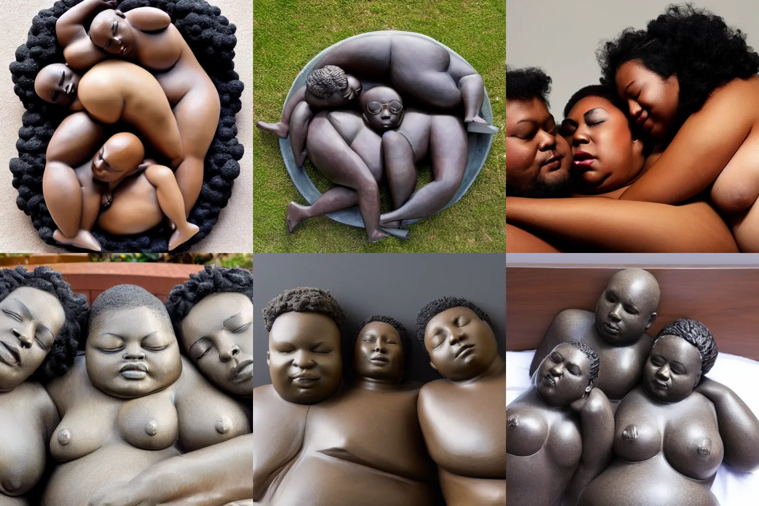 Prompt: sculpture of 3 beautiful fat black people sleeping together