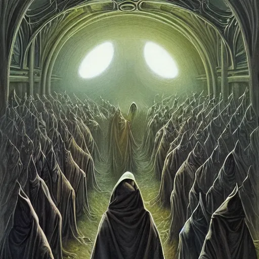 Image similar to a dark cabal of hooded elven mystics in long robes gathered in a circular formation around a highly advanced quantum computer processing the spirits of the dead, dan seagrave art, michael whelan