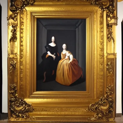 Image similar to oil on canvas painting no frame visible. two women in a vast castle lobby wearing fine clothes. dark room with light coming through the right side of the place. baroque style 1 6 5 6. high quality painting, no distortion on subject faces.