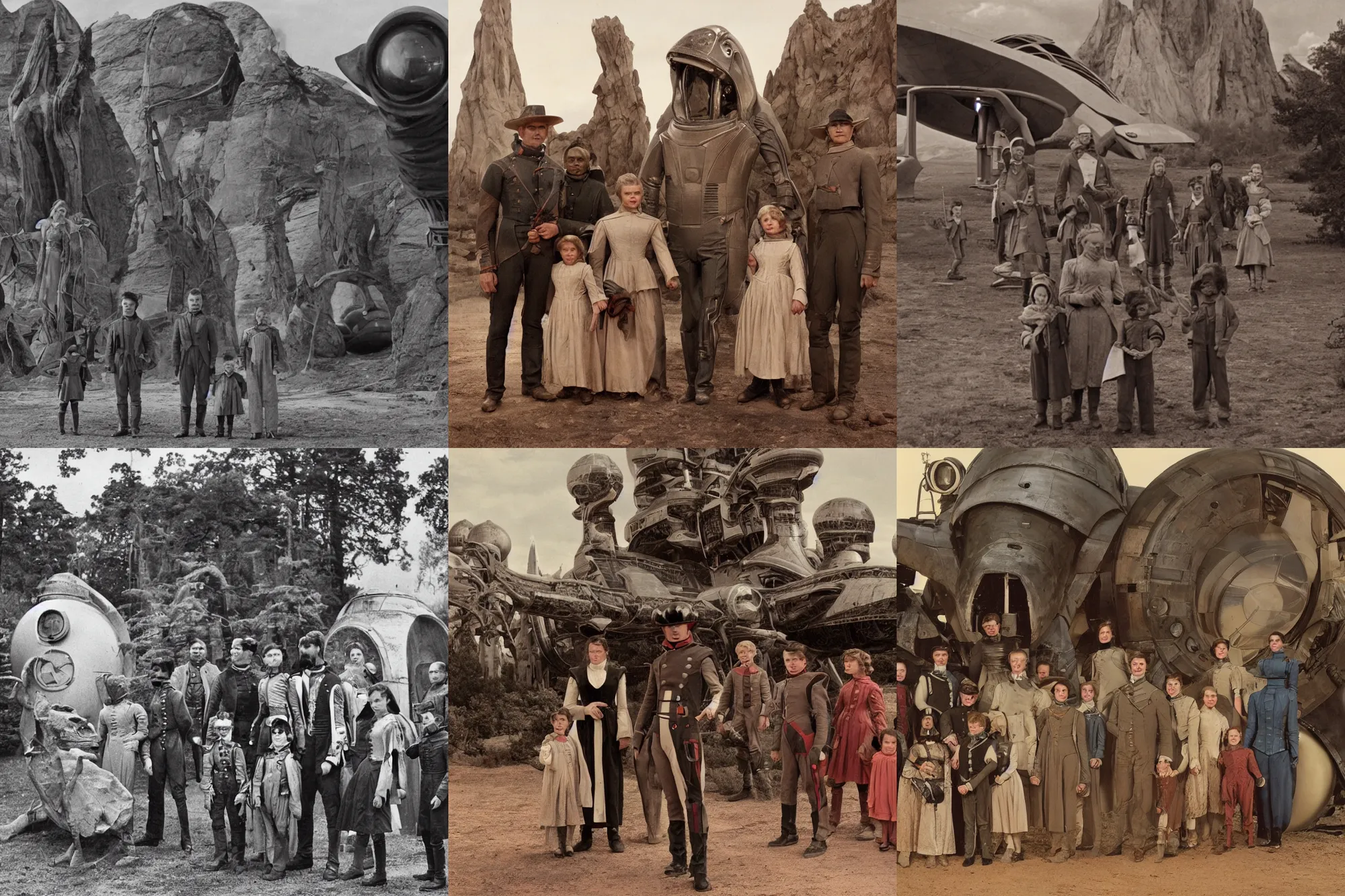 Prompt: sharp, detailed, 8192k film still from a sci fi blockbuster color movie made in 2019, set in 1860, of a family standing in front of a spaceship that has just landed on an alien planet, a humanoid alien creature stands nearby, the family are all wearing 1860s era clothes, good lighting, good photography, sharp focus