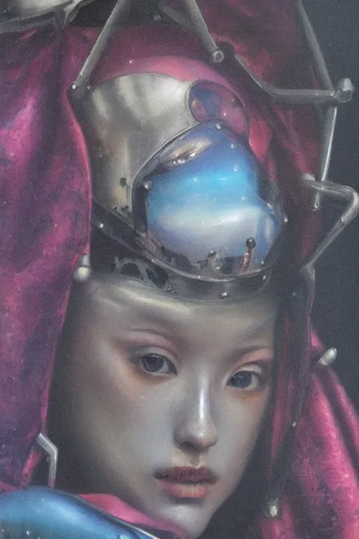 Image similar to hyperrealism oil painting, close-up portrait of medieval fashion model, knight, steel gradient mixed with nebula sky, in style of baroque mixed with 70s japan book art