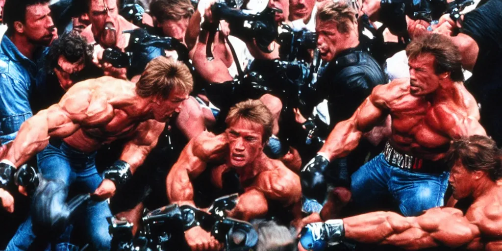 Prompt: massive brawl with arnold schwarzenegger, dolph lundgren, sylvester stallone, Chuck Norris, Jean-Claude Van Damme, vivid colors, daylight, photo real, Eastman EXR 50D 5245/7245, close-up action first-person perspective